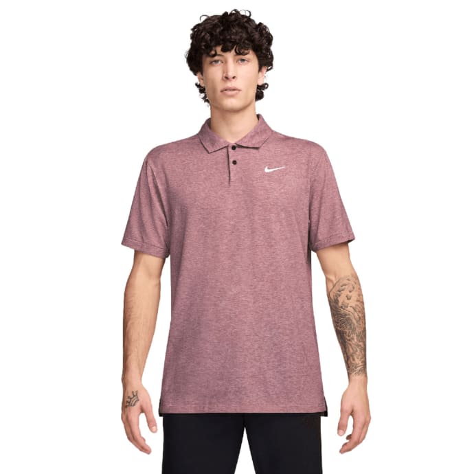 Nike menβs short-sleeve polo shirt in dusty rose with white logo.