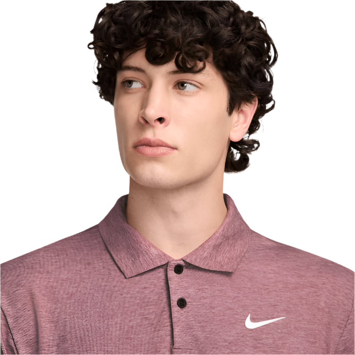 Nike polo shirt with a heathered purple color and white logo.