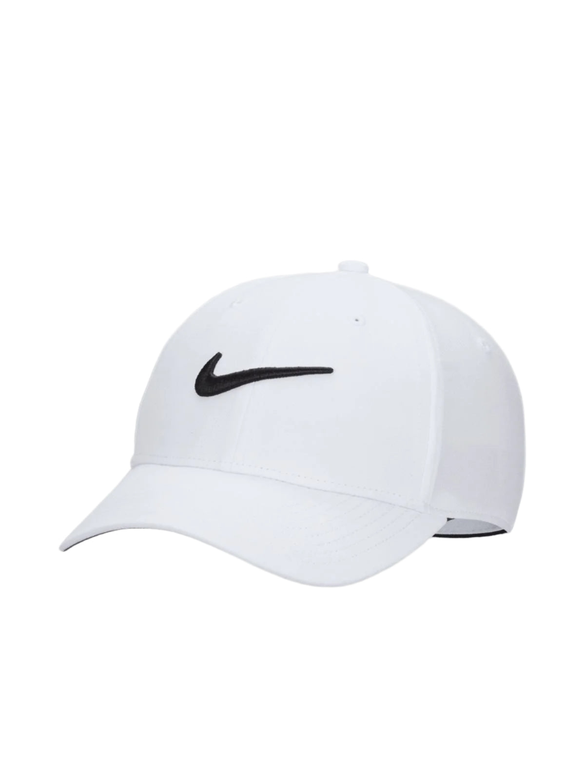 White nike cap with black swoosh logo.