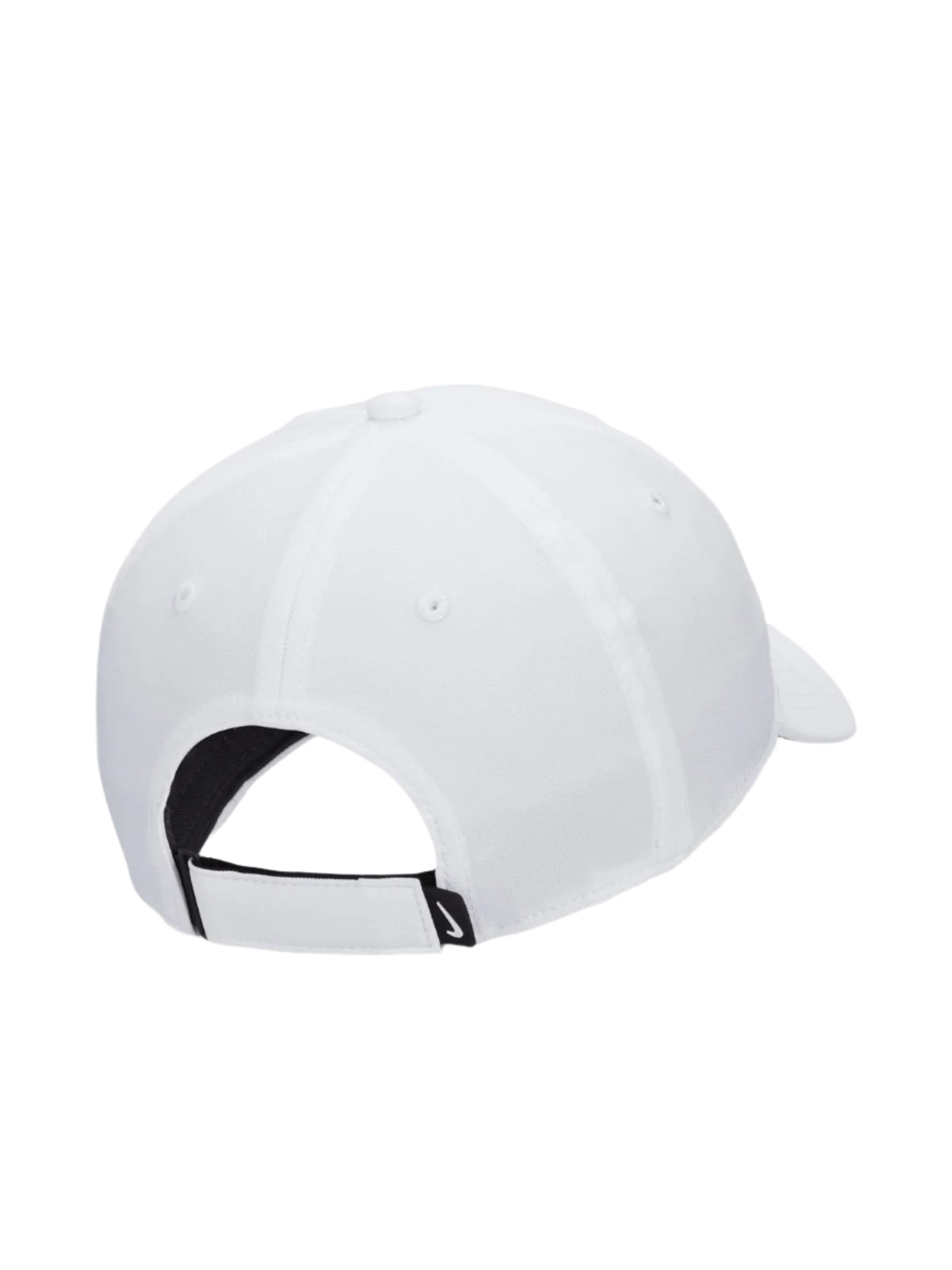White baseball cap with black strap and logo, nike brand.