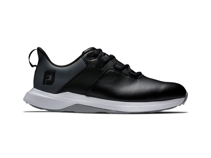 Black leather golf shoe with white sole and perforated details, branded by footjoy.