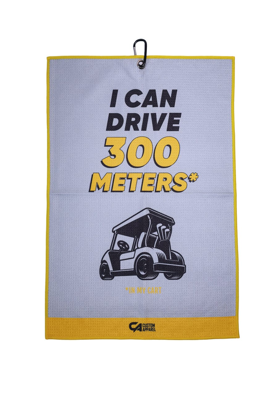 300 meters golf cart towel with black and yellow accents.