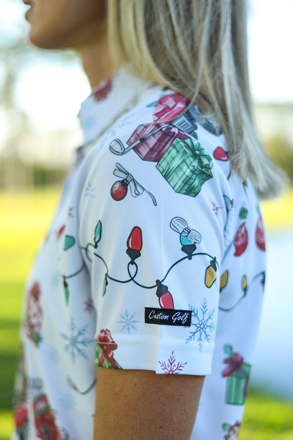 Custom Apparel Women's Funky Golf Shirt | Jingle Bell Drive