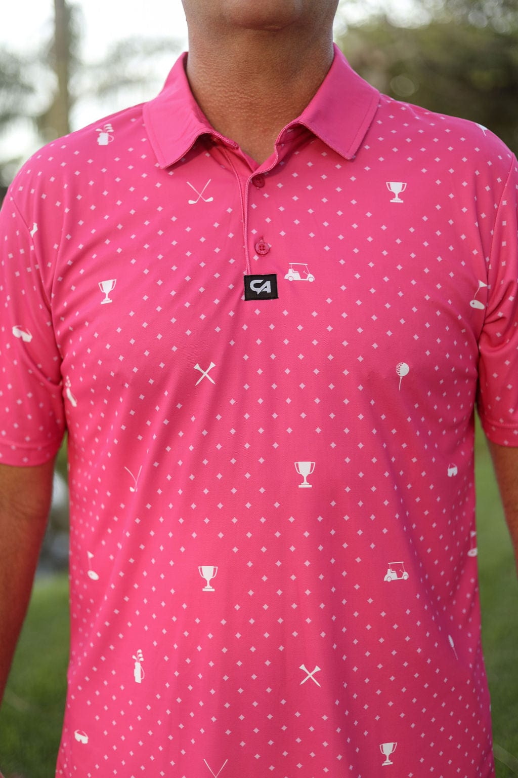 Custom Apparel Men's Golf Shirt | Statement | Pink & White