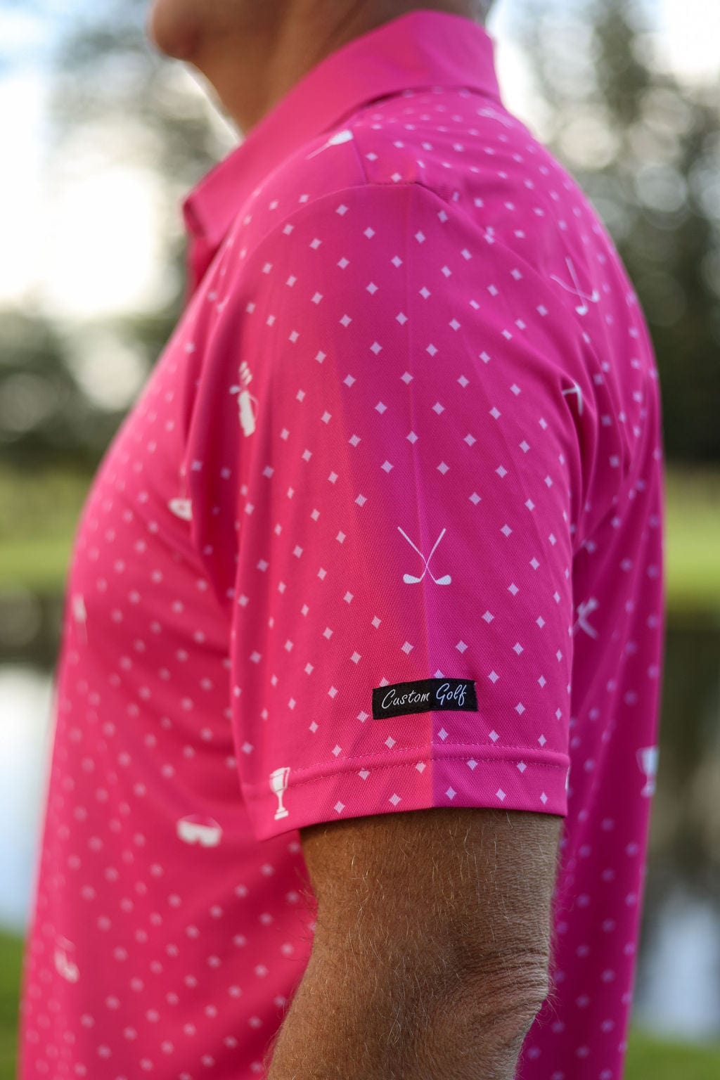 Custom Apparel Men's Golf Shirt | Statement | Pink & White