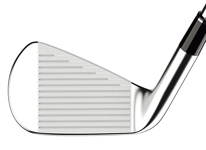 Chrome golf club head with grooves and black grip