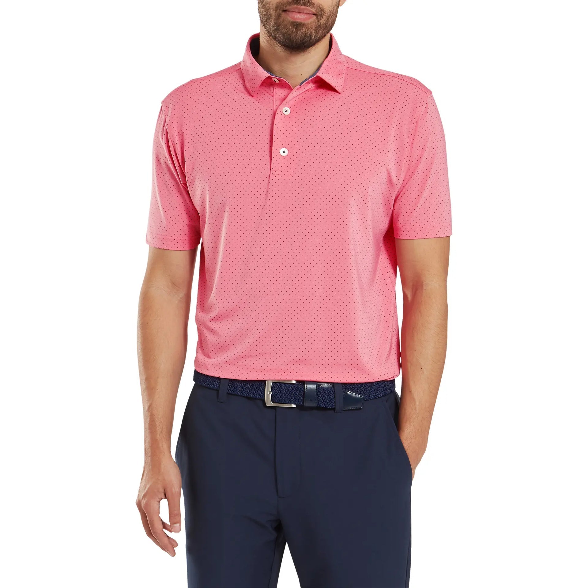 Footjoy Men`s Golf Shirt | EU Stretch Dot Printed LSL | Pink Lemon