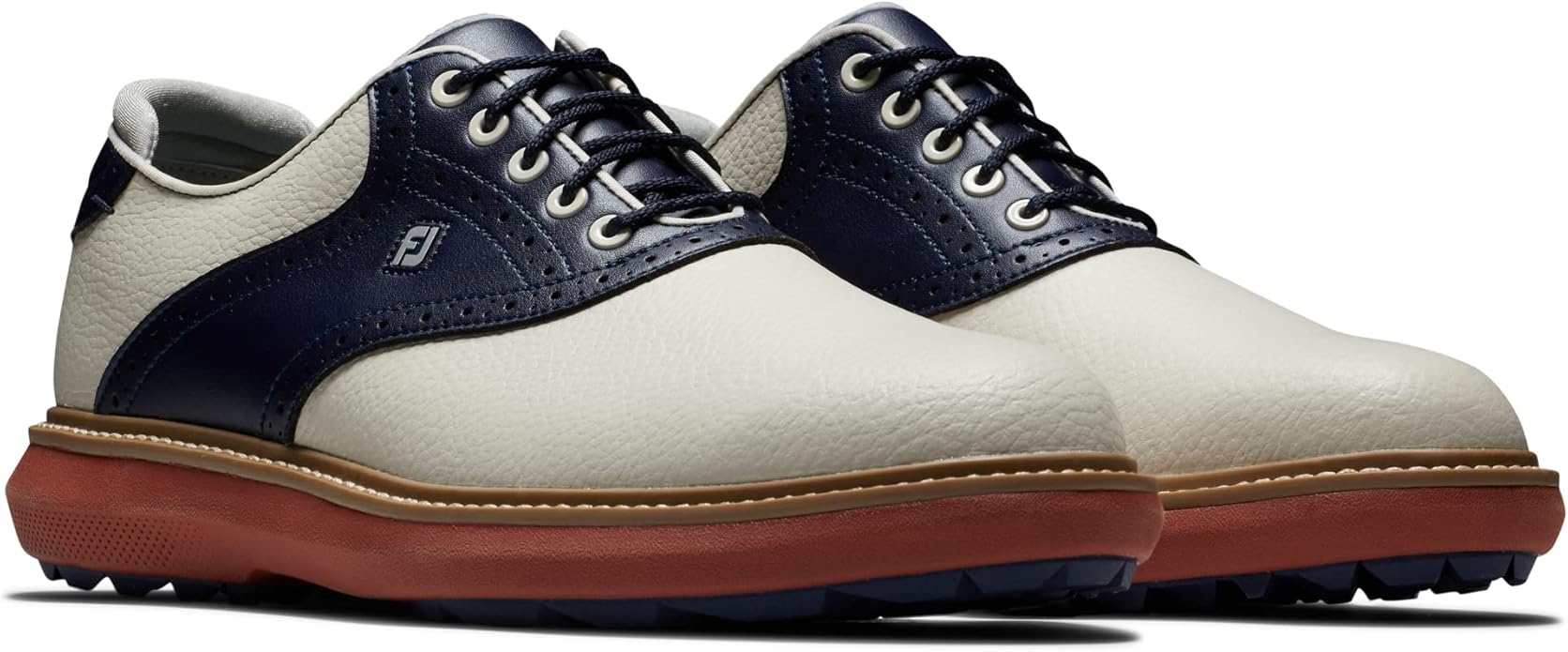 Footjoy Men's Golf Shoes | Traditions | Spikeless | White/Navy/Brick