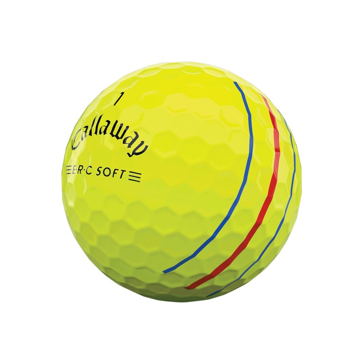 Yellow callaway erc soft golf ball with red and blue stripes.