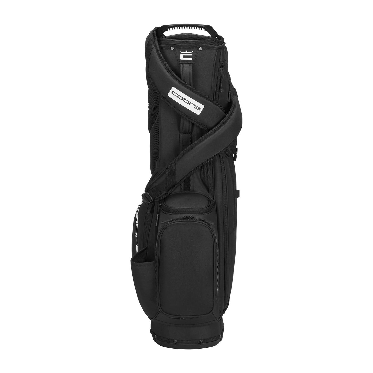 Black golf bag with white logo and strap design, likely a callaway model.