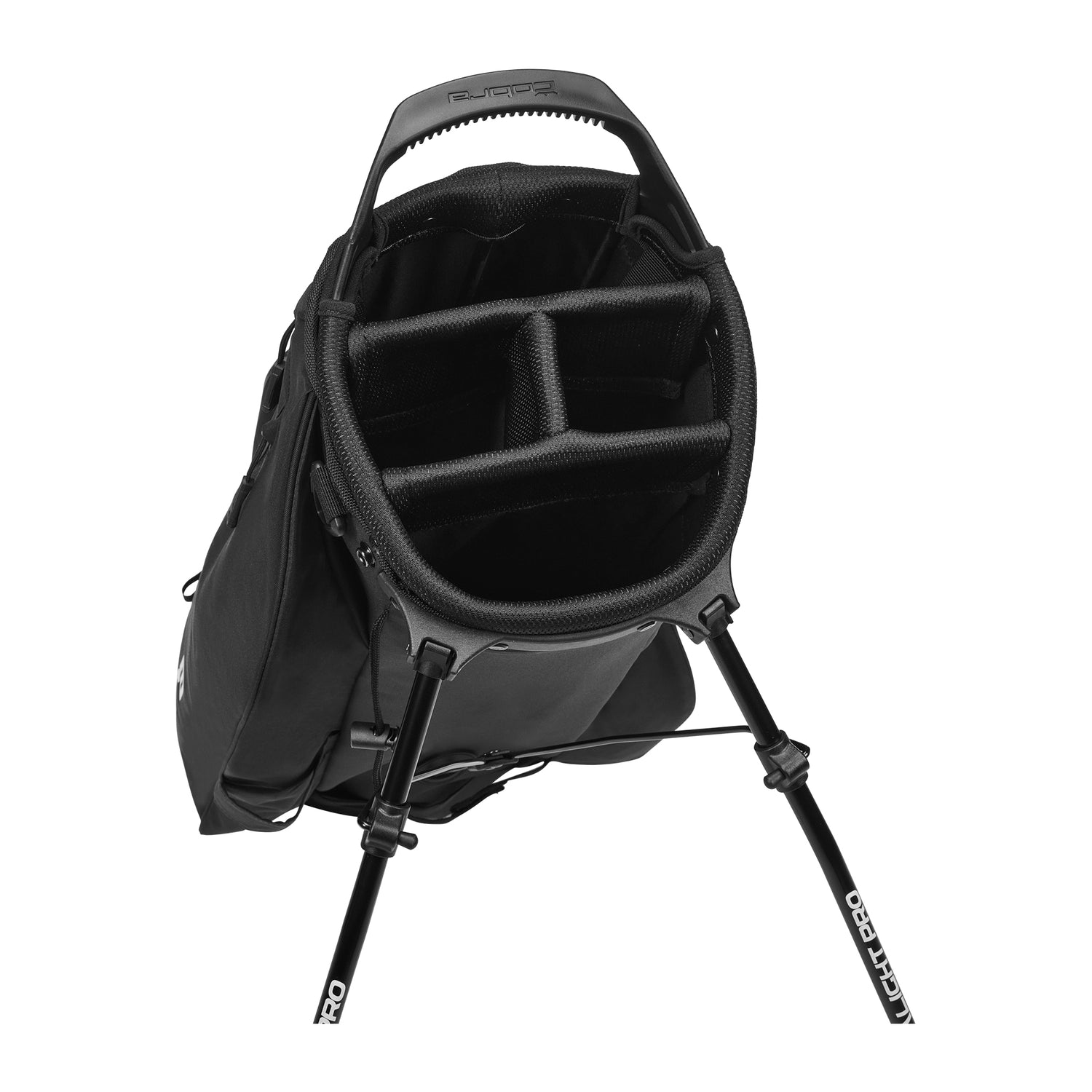 Black golf bag with multiple compartments and adjustable straps, likely made of synthetic material.