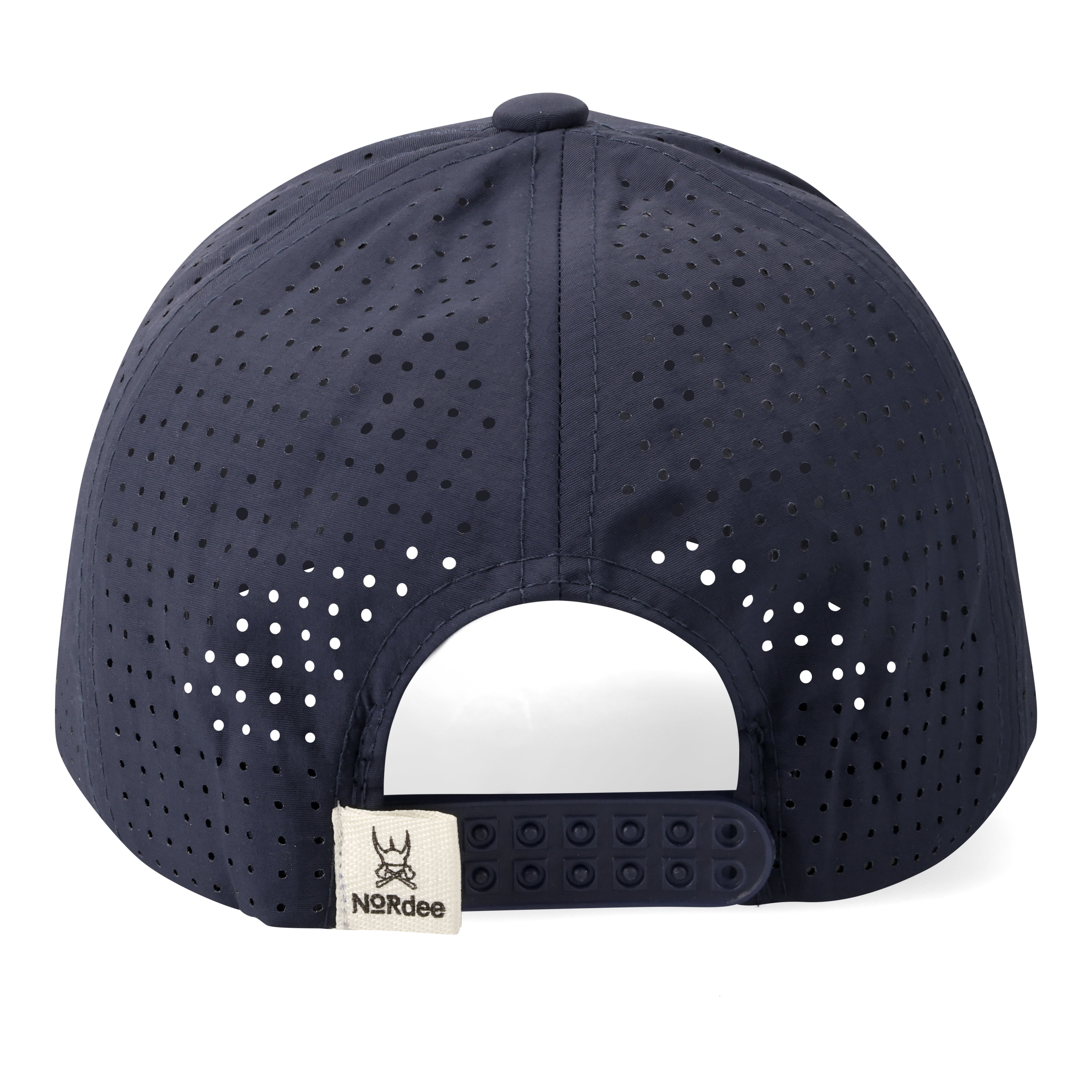Navy blue cap with white perforated back and visible brand logo on a navy background