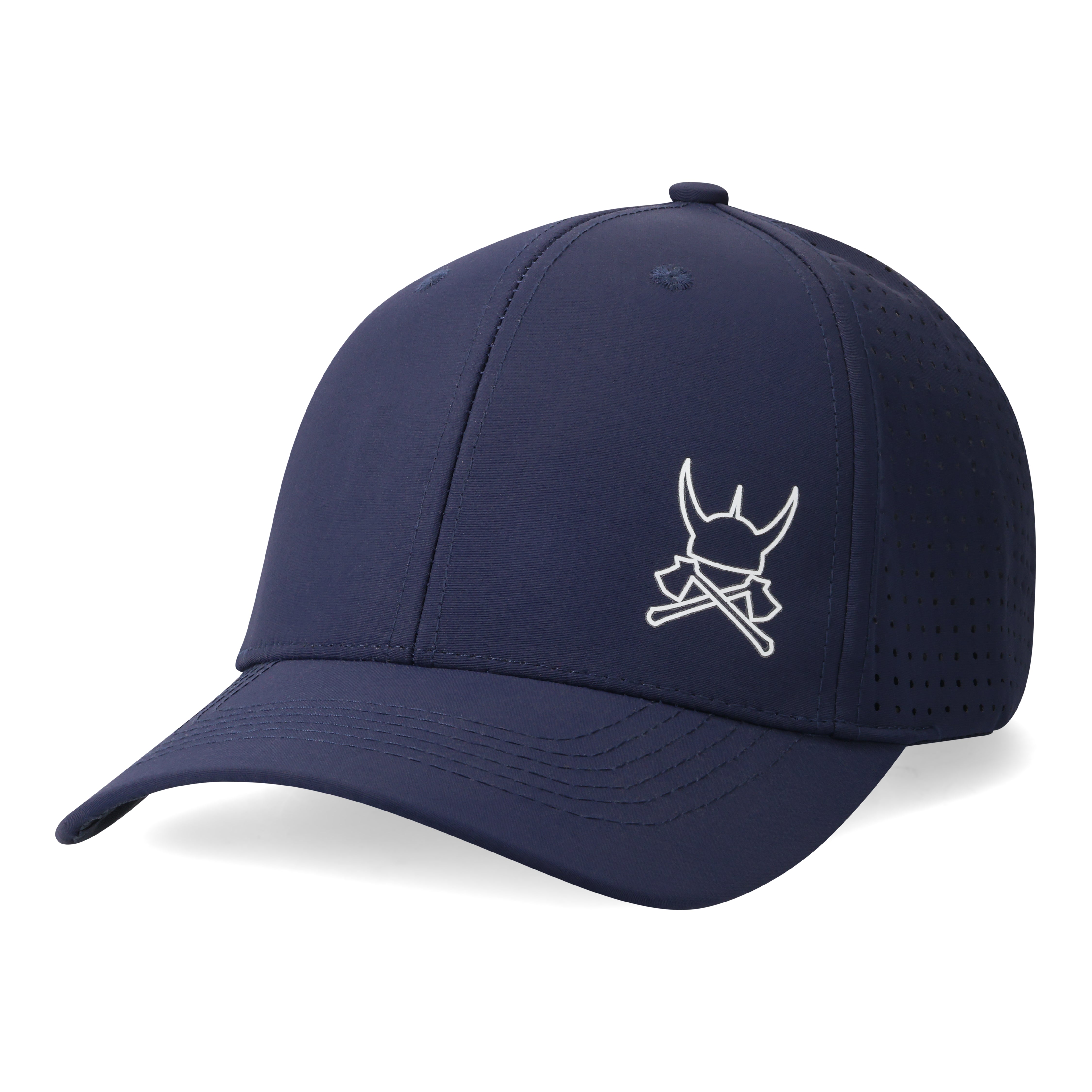 Navy blue cap with a white logo on a navy background