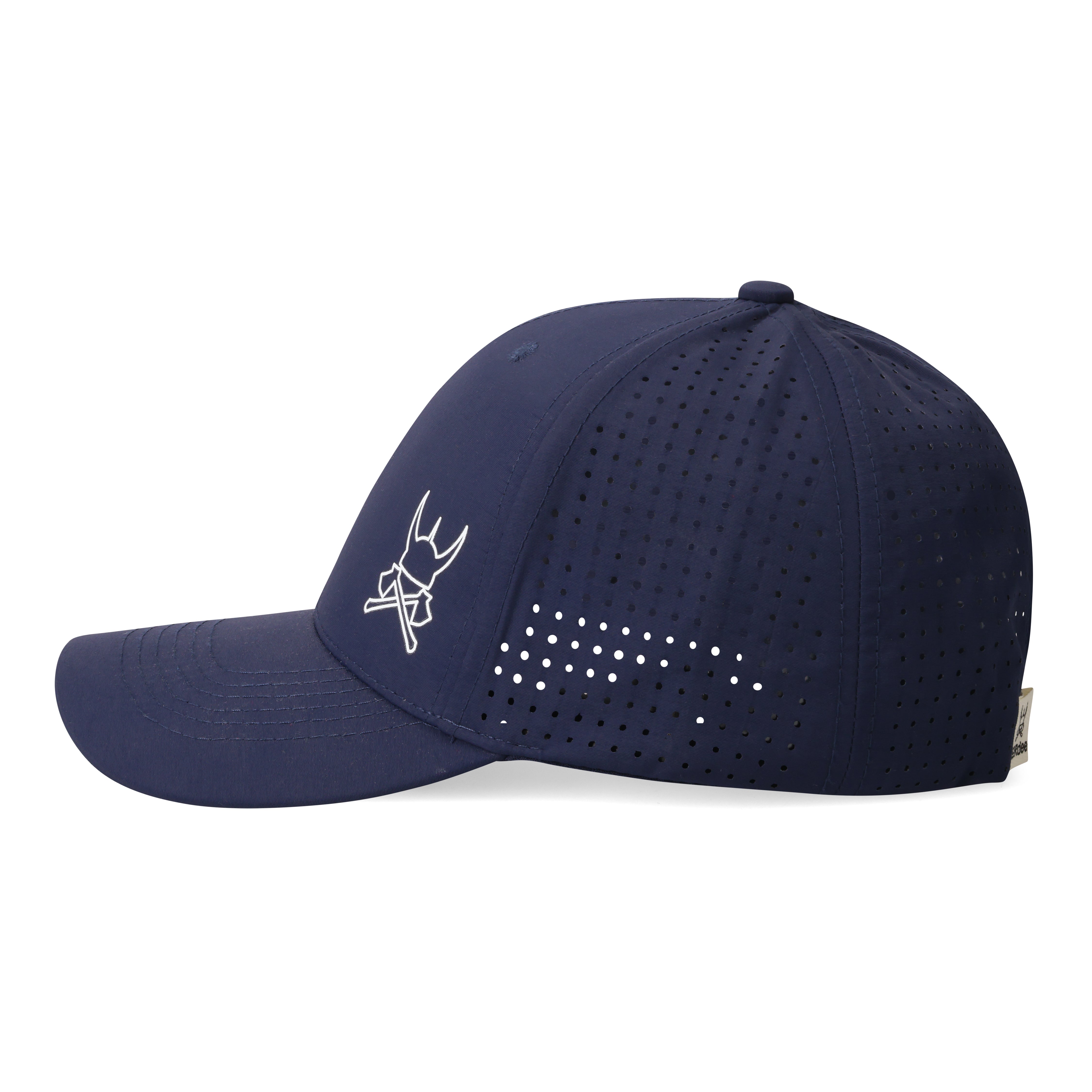 Navy blue cap with white logo on a navy background