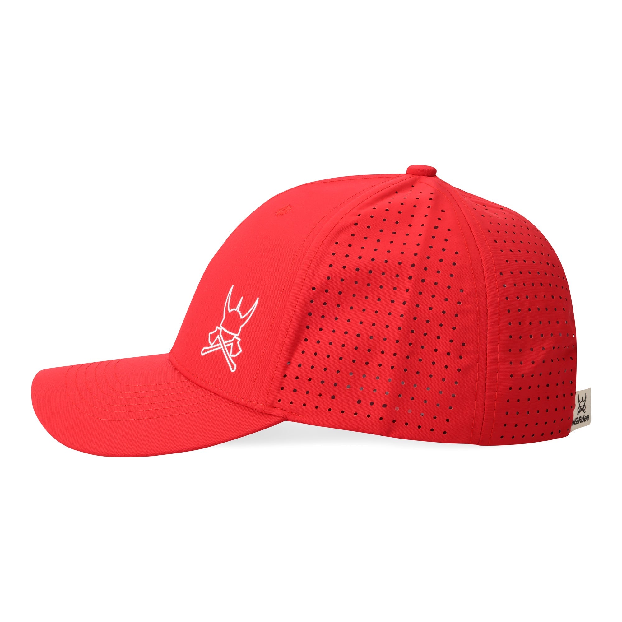 Red cap with a logo on a red background