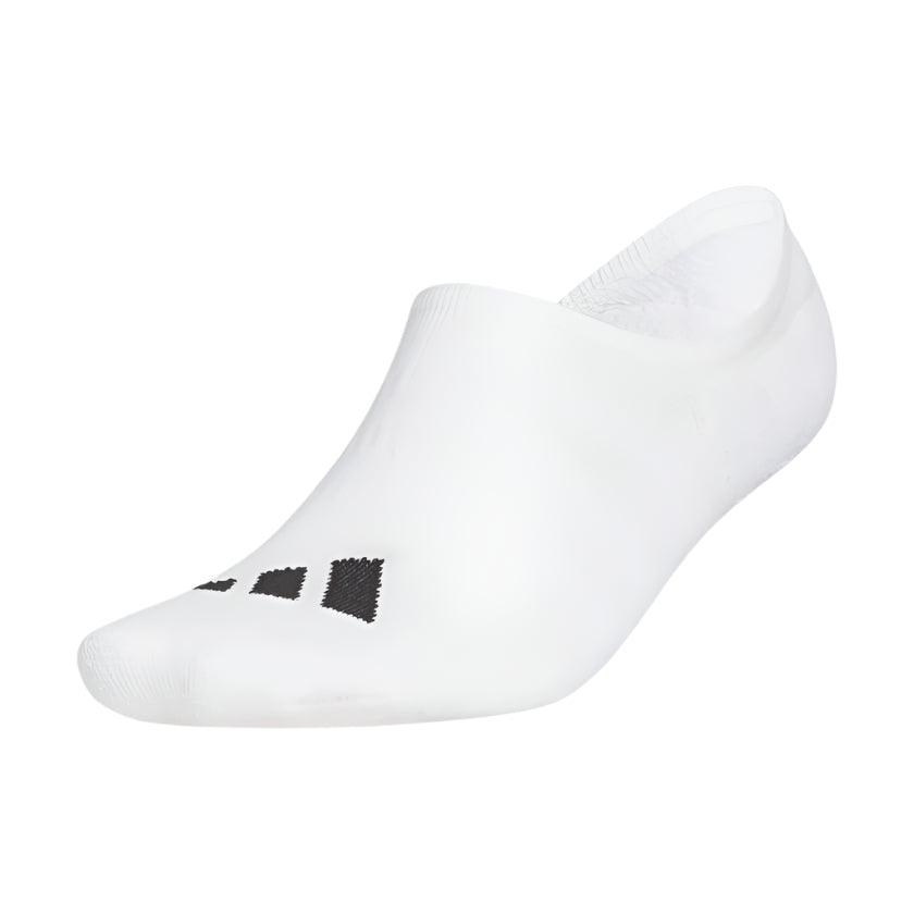 White adidas no-show socks with black stripes and logo.