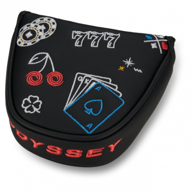 Odyssey black putter cover with casino-themed design featuring poker cards, cherries, and β777ββ in red.