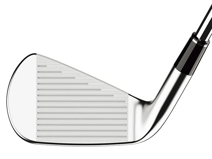 Chrome golf club head with black grip and silver grooves.