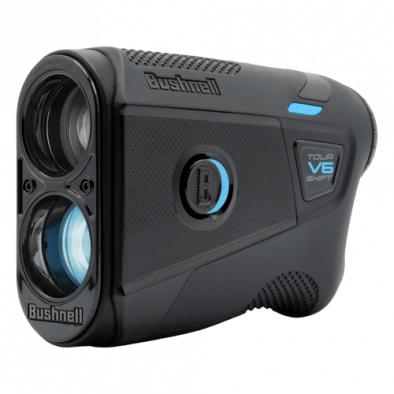 Bushnell tour v6 shift rangefinder, black and blue design with dual lens system.