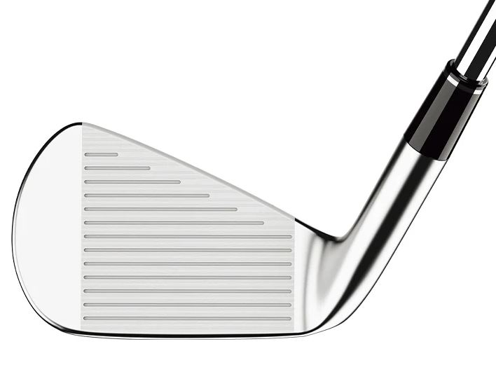 Chrome golf club head with grooves and a black grip.