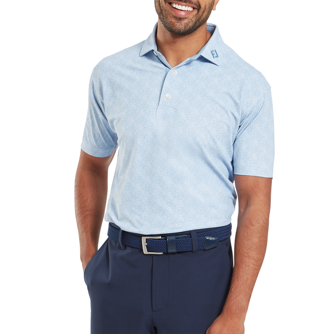 Footjoy Men`s Golf Shirt | EU Speckle Print Pique | Blue Jay/White