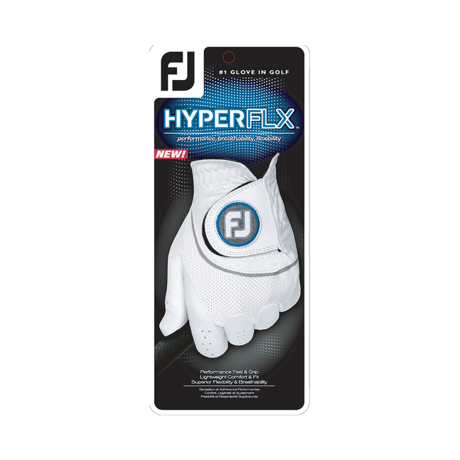 White golf glove with perforated design and βfjβ logo, made by footjoy hyperflx.
