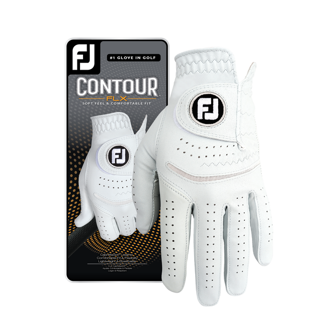 Footjoy contour flx golf glove, white leather with perforated palm and thumb for breathability.