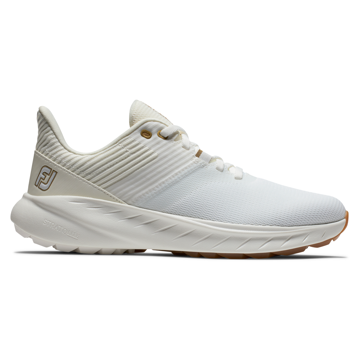White golf shoe with mesh upper and rubber sole, featuring a gold logo on the side.