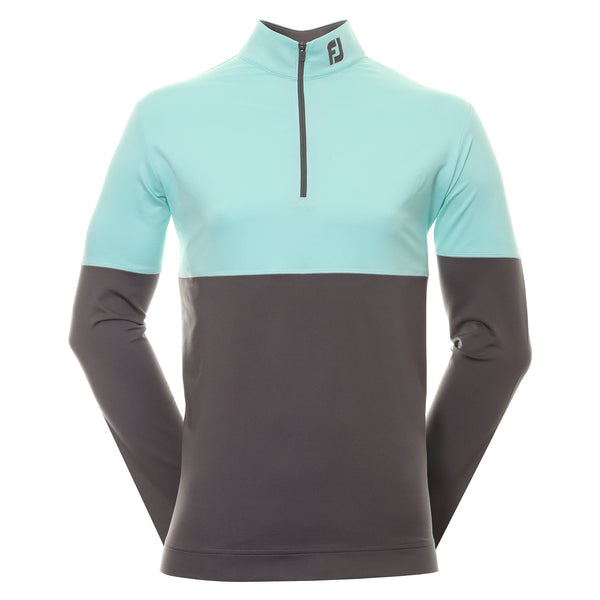 Footjoy golf pullover sweater in teal and charcoal gray, featuring a half-zip design.