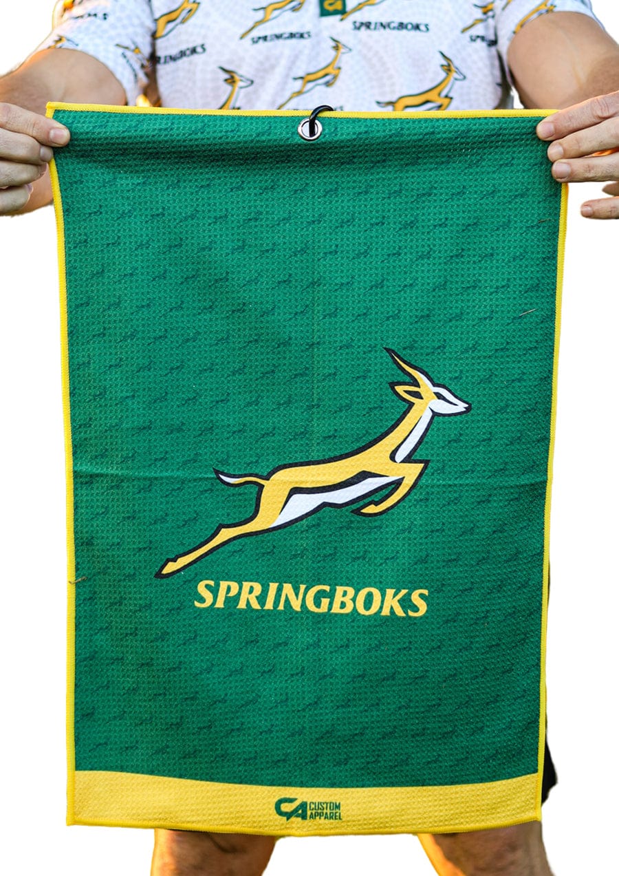 Green springboks rugby towel with yellow trim and antelope logo.