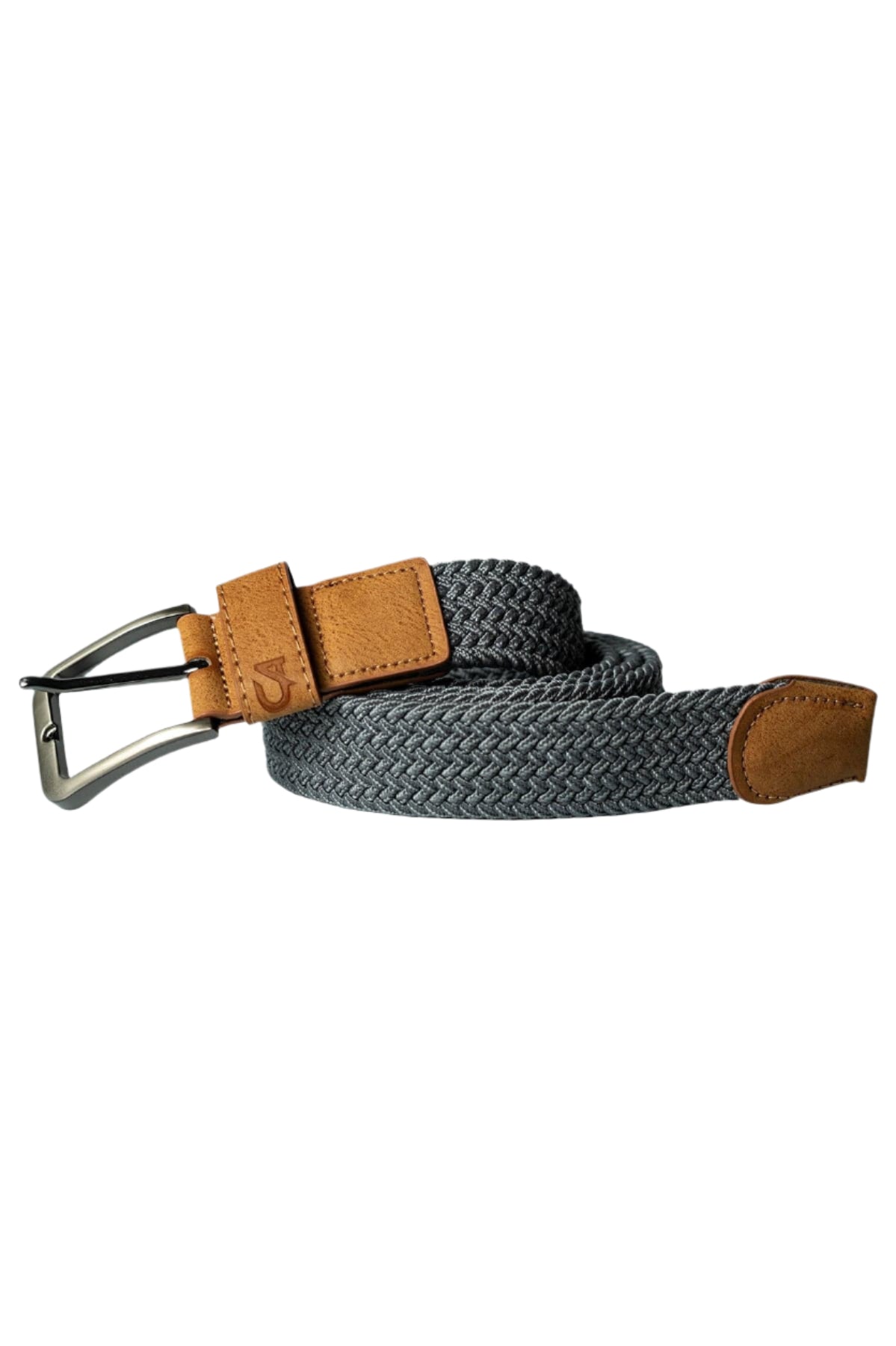 Gray woven belt with tan leather accents and silver buckle, inspired by pradaβs classic style.