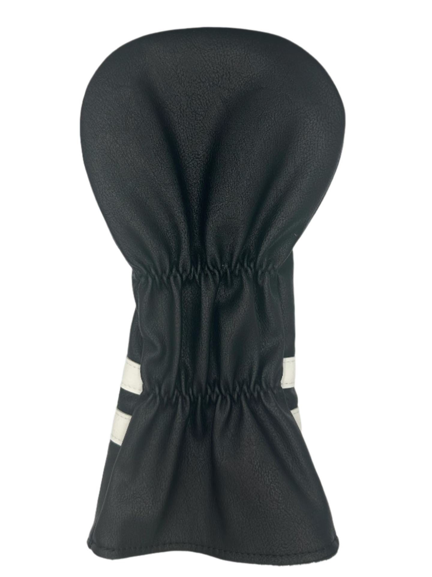 Black golf club head cover with white stripes and elastic band at the bottom.