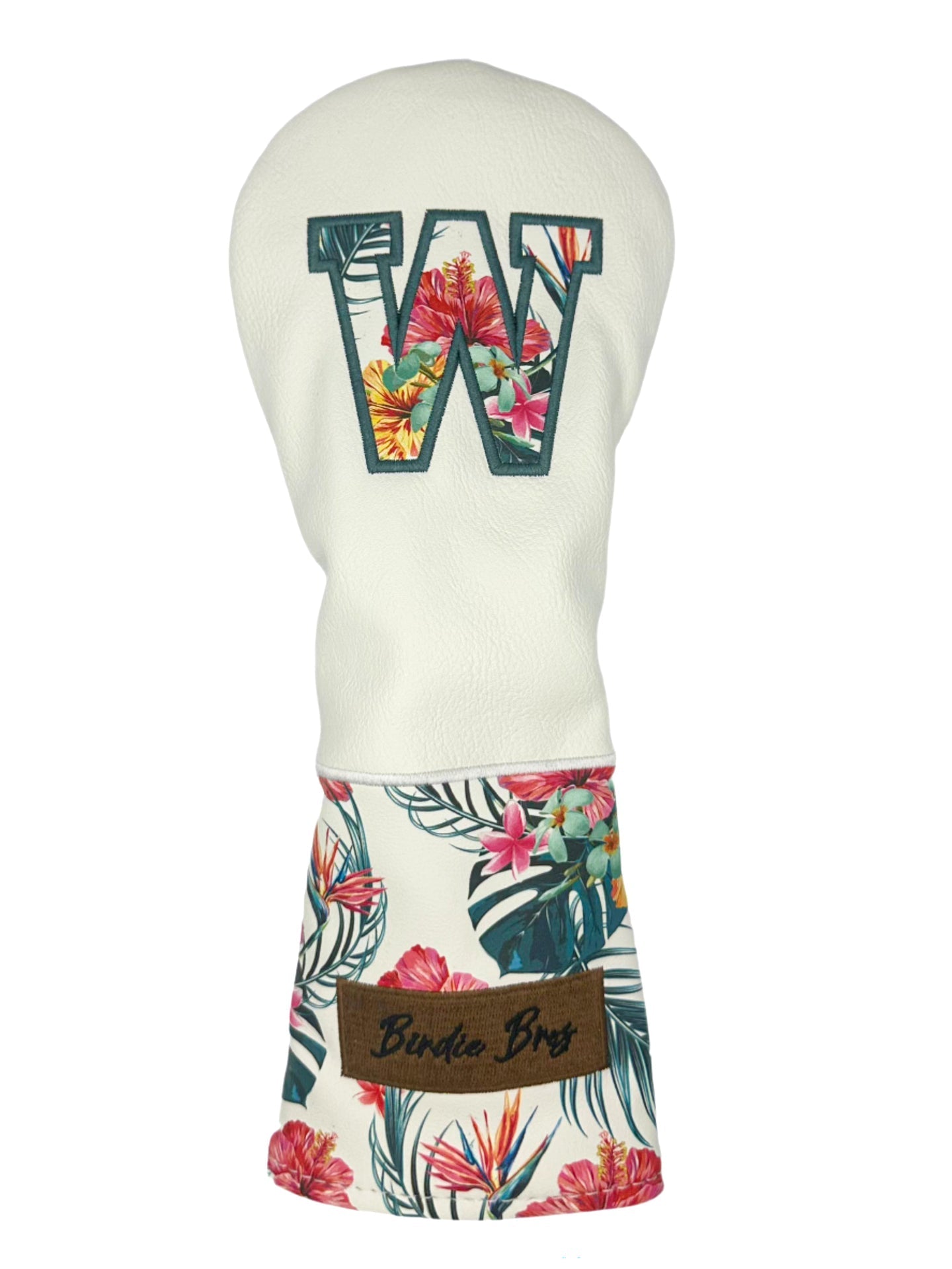 White floral golf club head cover with green letter ’w’ and brown label.