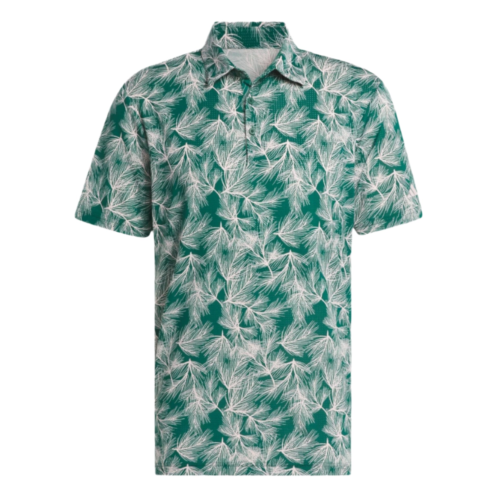 Green and white tropical leaf print polo shirt with short sleeves.