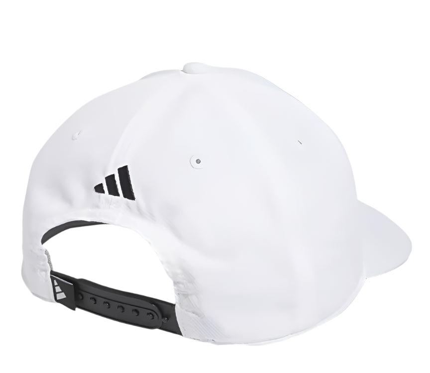 White adidas baseball cap with black strap and logo.