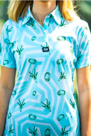Custom Apparel Women's Golf Shirt | Funky | Springbok | Turquoise White