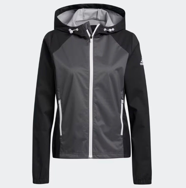 Adidas women’s black and gray windbreaker jacket with white zipper.