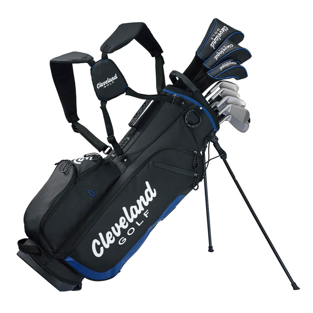 Cleveland golf stand bag with black and blue accents, featuring adjustable straps.