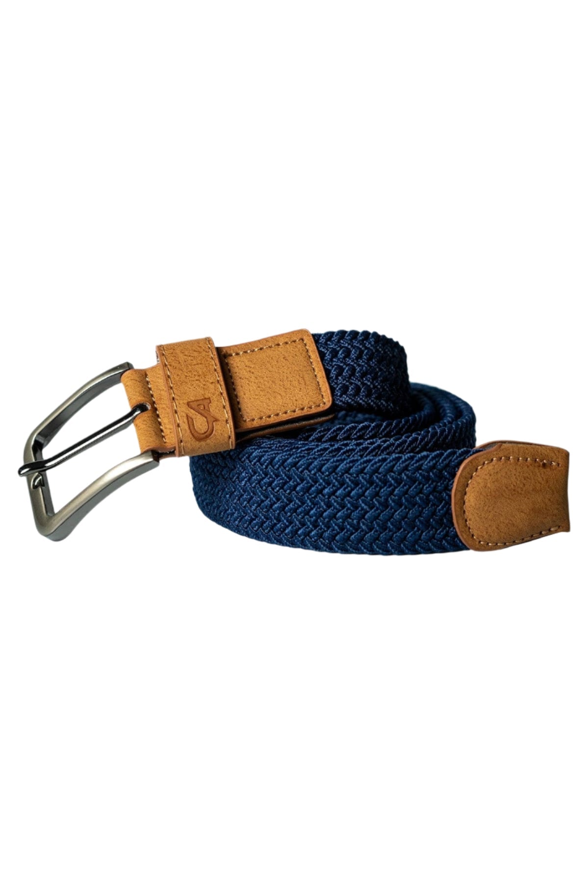 Navy blue woven belt with tan leather accents and silver buckle, inspired by tommy hilfigerβs classic style.