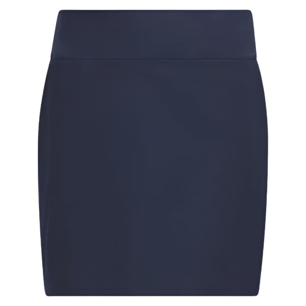Navy blue high-waisted skirt with a smooth texture and elastic waistband.