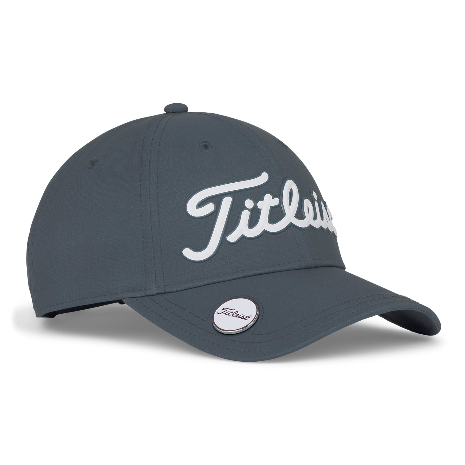 Titleist golf cap with white logo on dark gray fabric.