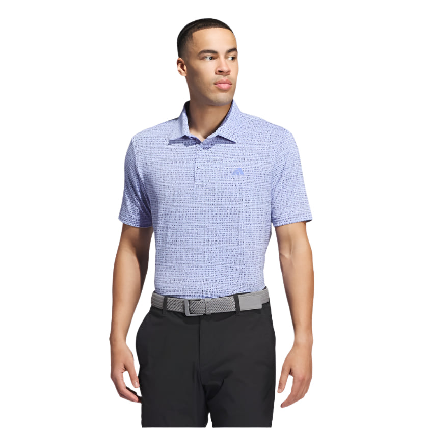 Blue and white patterned polo shirt with short sleeves, made of cotton.