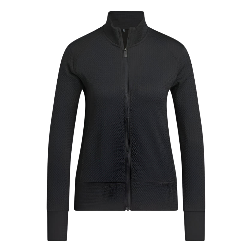 Black zip-up jacket with mesh panels and ribbed cuffs, likely made of polyester or nylon.