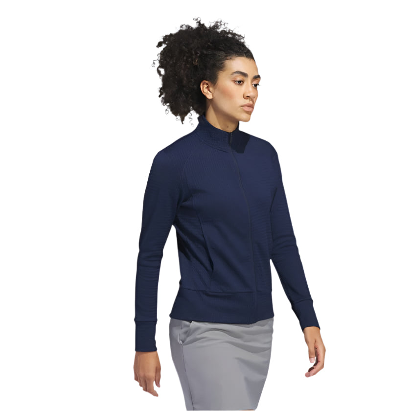 Navy blue adidas turtleneck sweater with ribbed cuffs and hem.