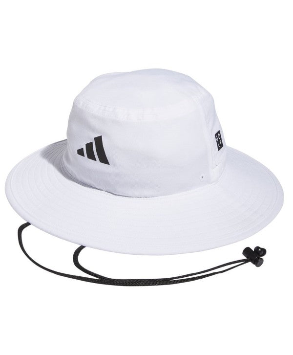 White adidas outdoor sun hat with adjustable chin strap and logo on the side.