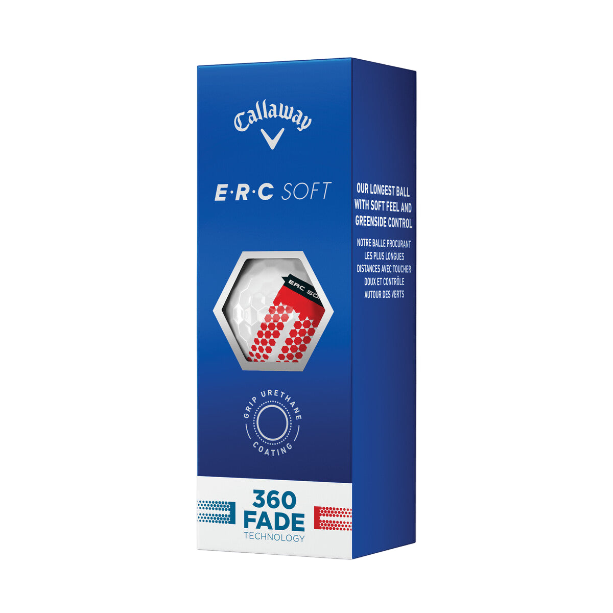 360 fade golf ball box by callaway, featuring a blue and white hexagonal design with red accents.