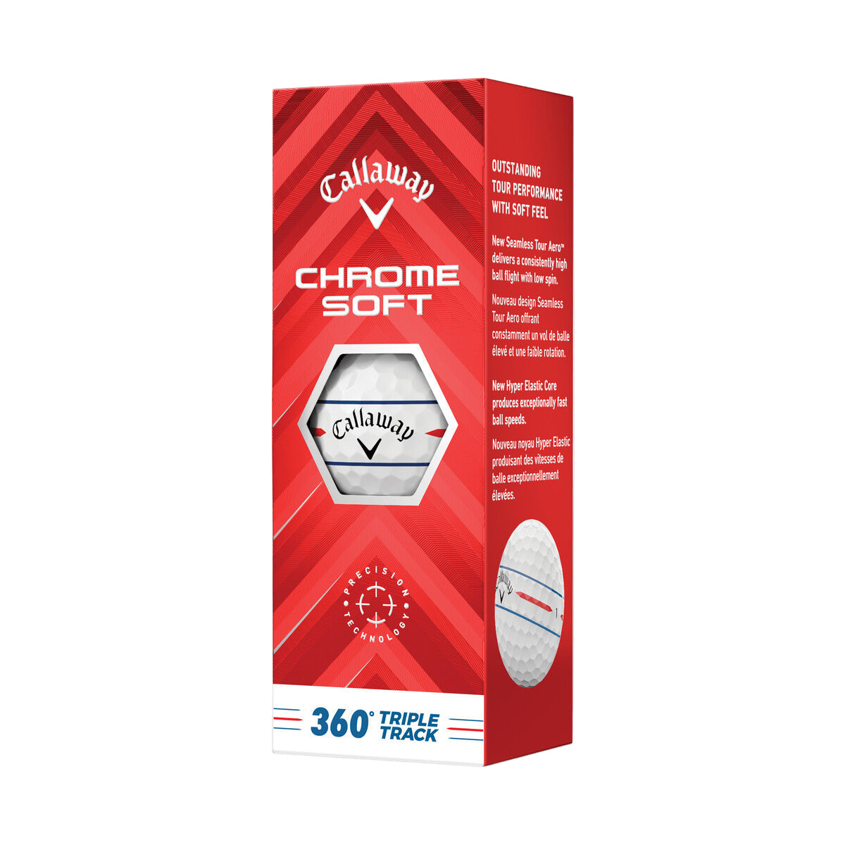 Callaway chrome soft golf balls with a white and red design, featuring triple track technology.