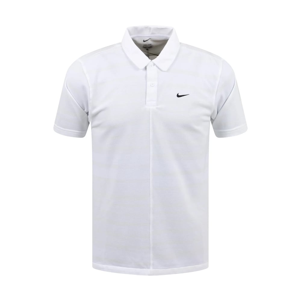 White nike polo shirt with black swoosh logo and collar details.