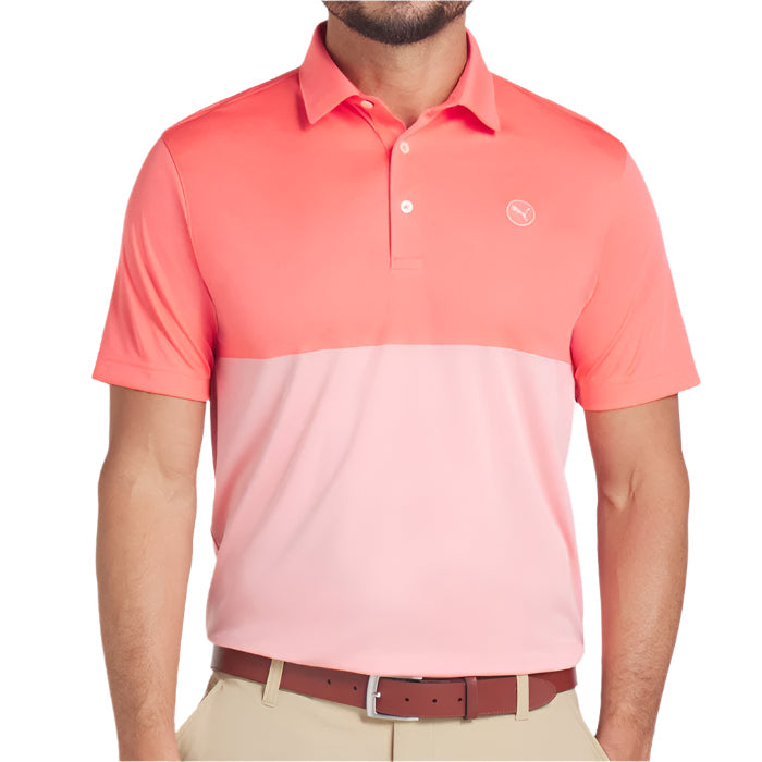 Puma Mens Golf Shirt | Pure 2.0 Colorblock Polo | Peach Frost-Pink Fruit