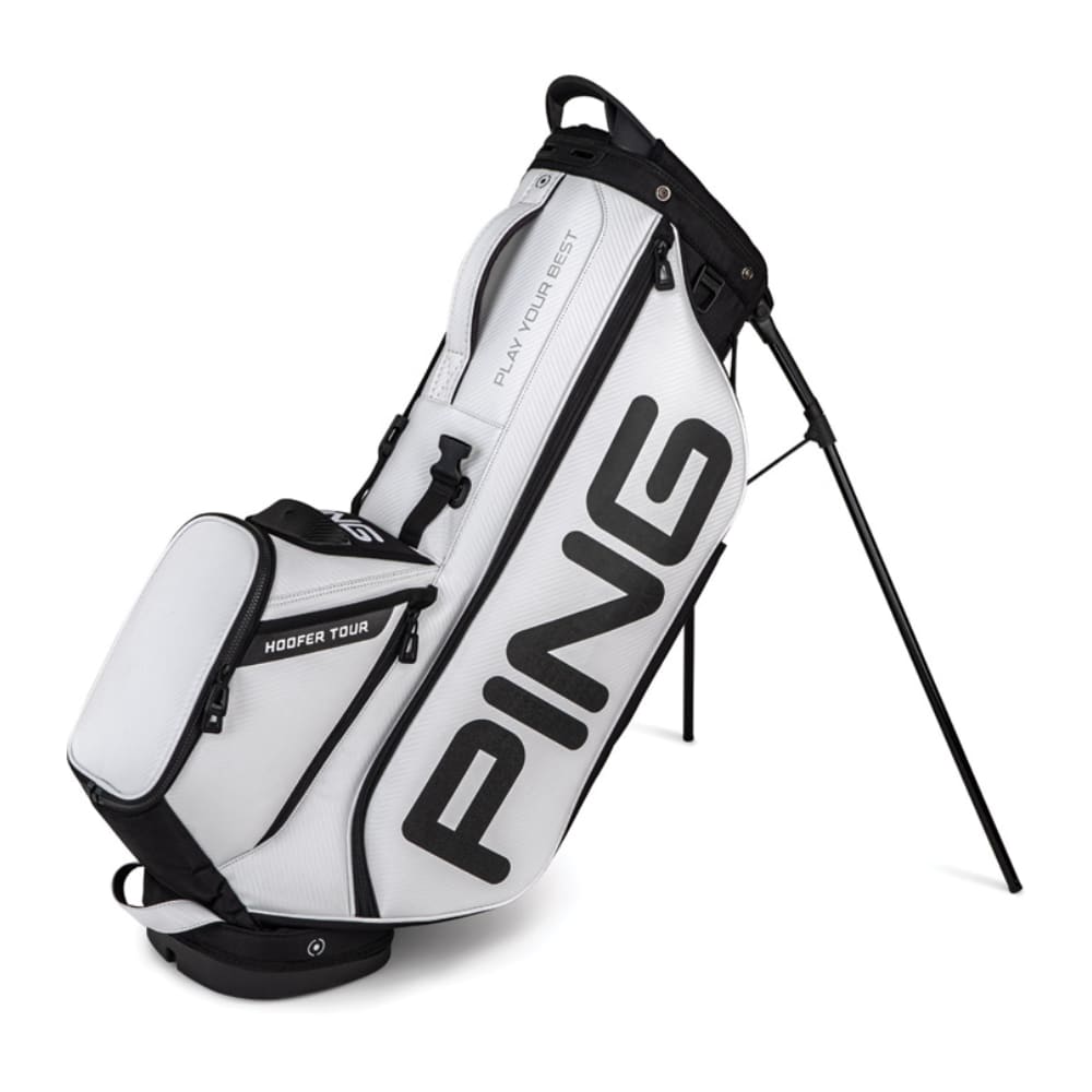 White and black ping golf bag with stand design.